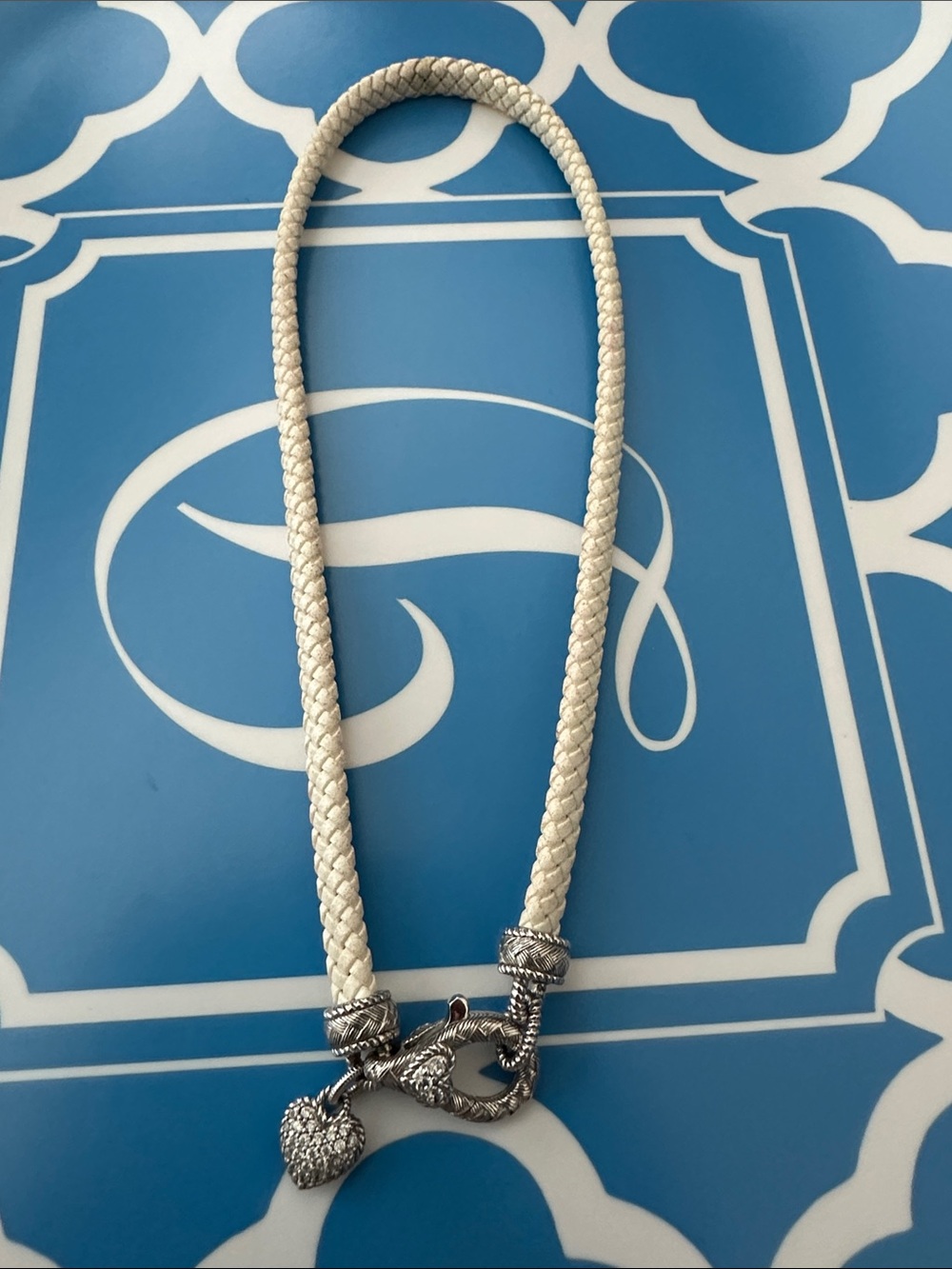 Judith Ripka Cream Leather Braided Rope Necklace with Heart Charm